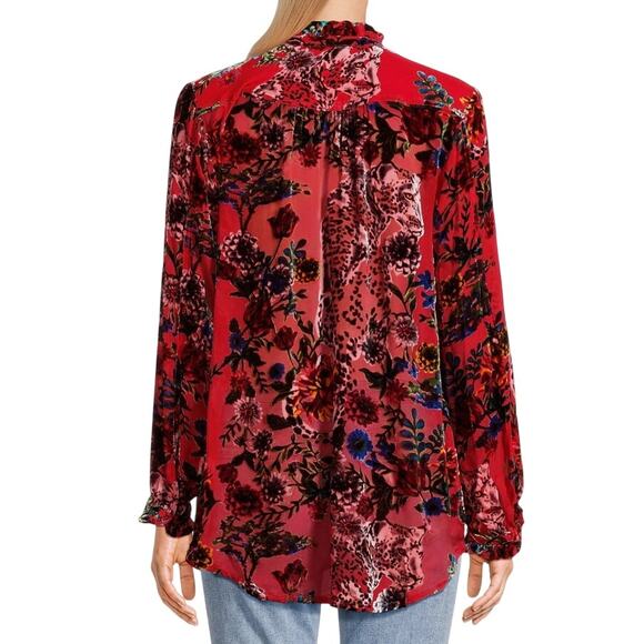 Johnny Was Yoella Floral Velvet Silk Burnout Shirt Red Bobcat Forest XS NWT - Picture 3 of 10
